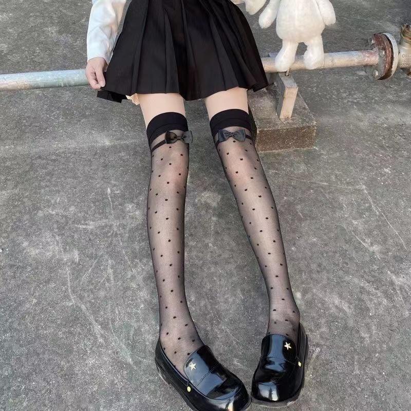 Sexy Women's Hosiery Classic Black Small Polka Dot Stay Up Thigh High Silk Stockings Hose.Ladies Bow Stockings Tights Pantyhose