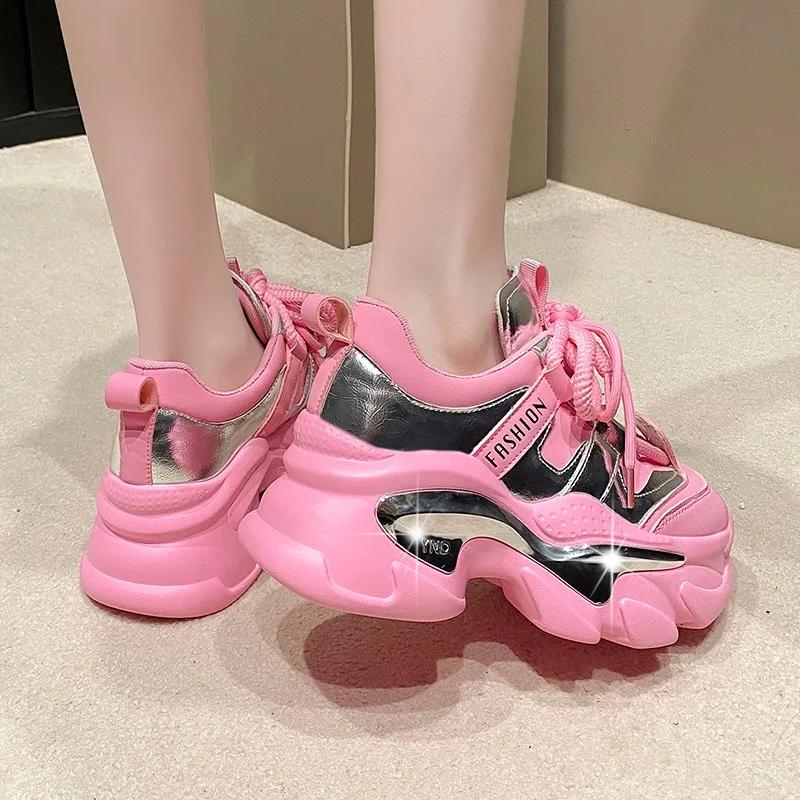 Fashion Top Quality Women Genuine Leather Sneakers Autumn Lace Up 6CM Platform Shoes Thick Sole Sport Walking Chunky Shoes Woman Spring
