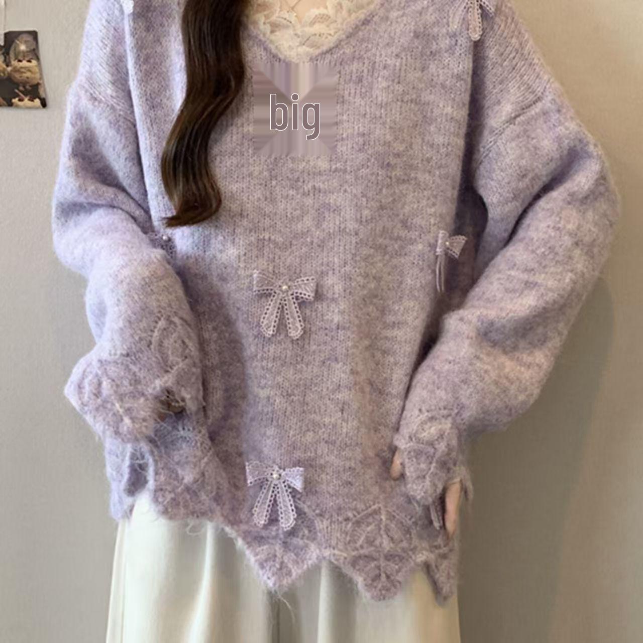 

Plus Size Lace Floral Knitwear - Slimming Loose Knit Top for Spring & Autumn S фіолетовий