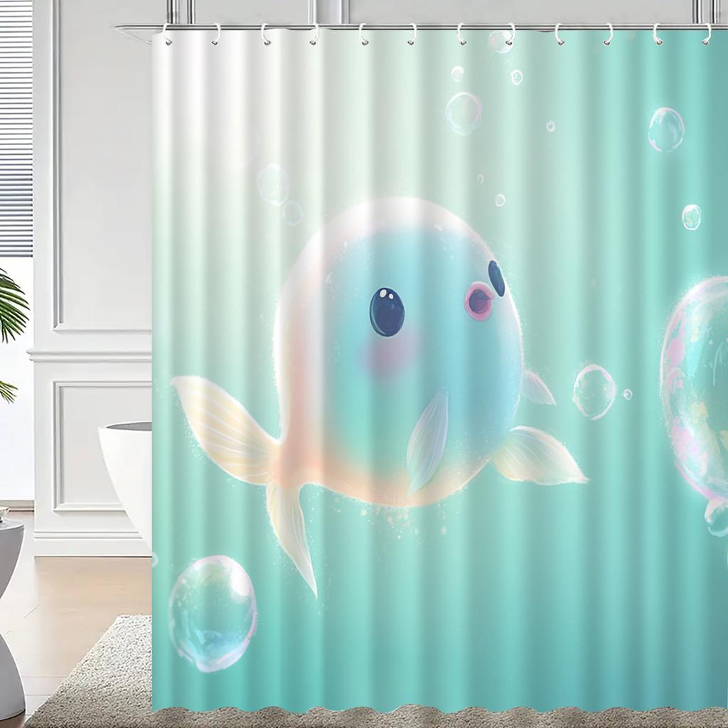 1pc colored small fish pattern shower curtain with hook, bathroom partition, bathroom accessories, home decoration