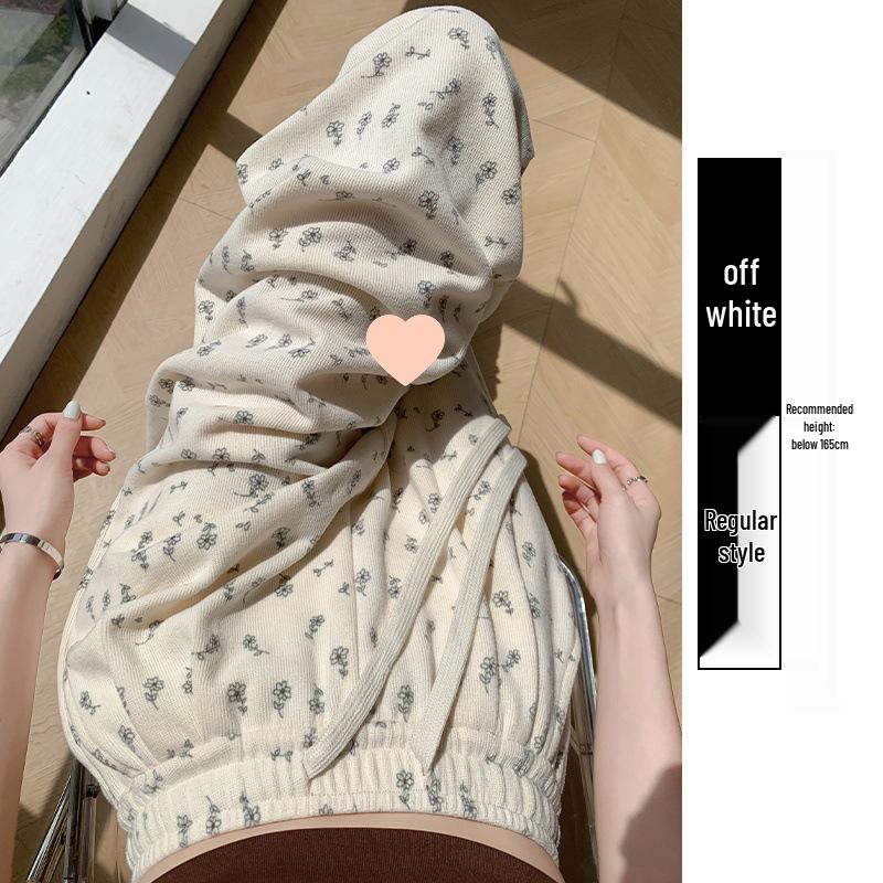 Florale weiße High-Waist-Sweathose mit weitem Bein für Damen - Frühling, Herbst & Winter