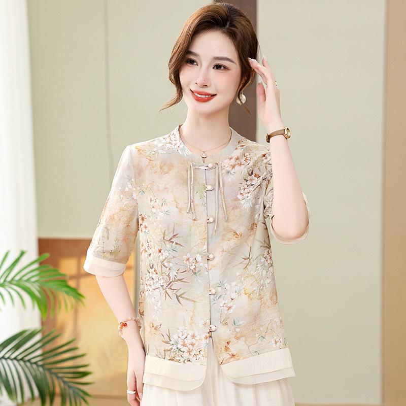 

2026 New Chinese Style Summer Chiffon Short-Sleeve Shirt for Mothers, Loose and Stylish T-shirt for Middle-Aged and Elderly Women L (80-100 jin) абрикосовый света