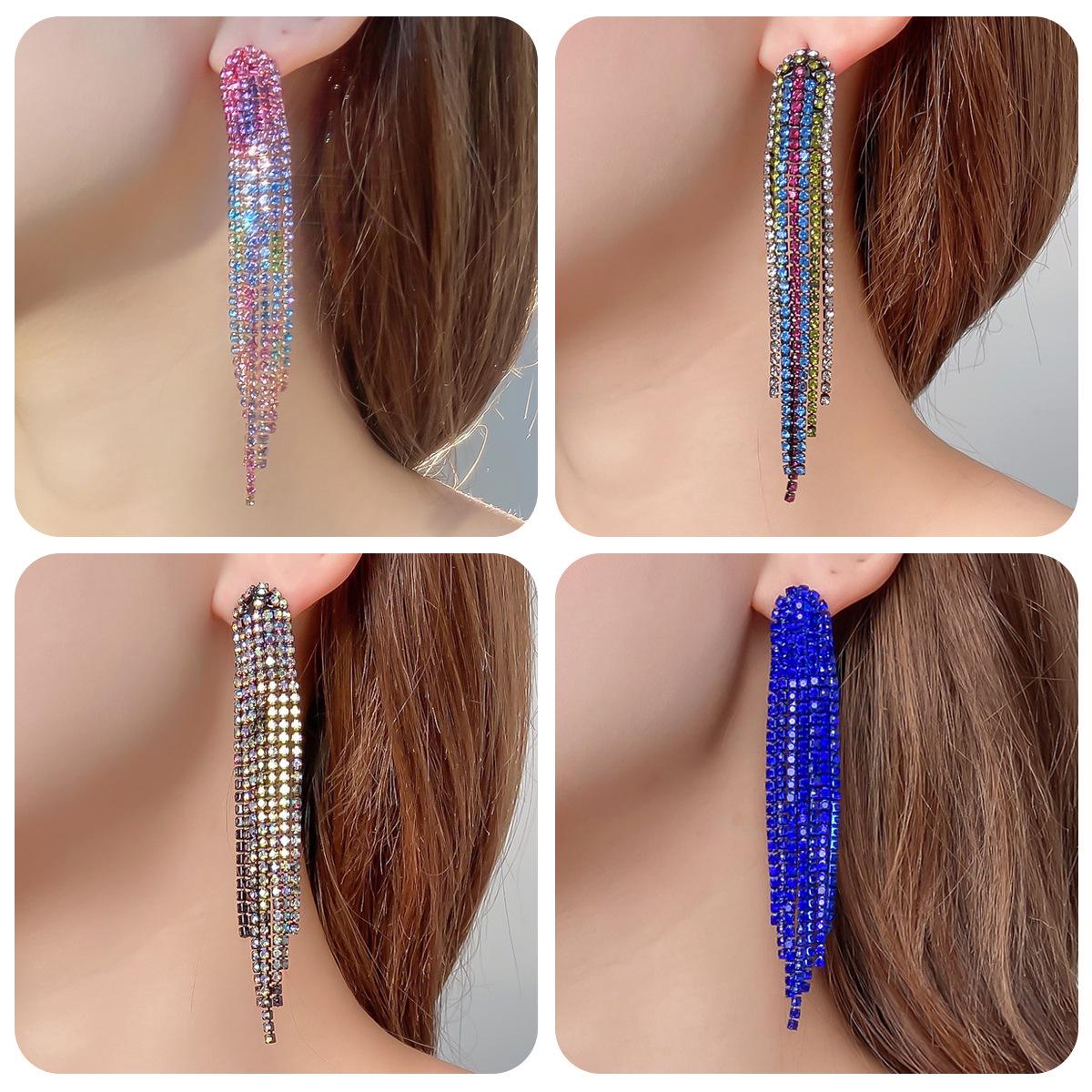 

European & American Glam Rhinestone Tassel Long Earrings for Evening Events
