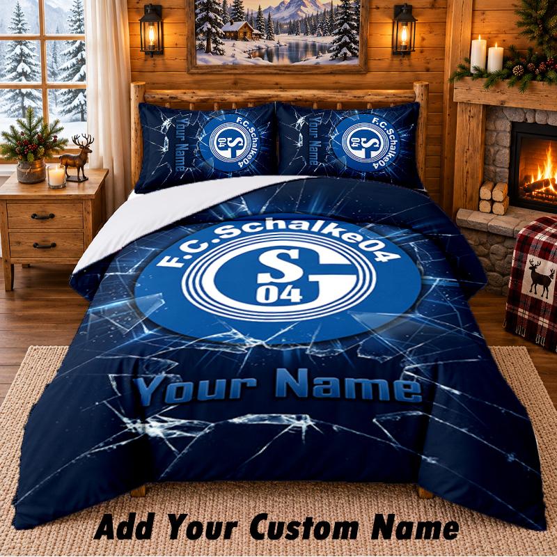 Schalke 04 FC Pattern Bedding 3Pcs Set Custom Name, Bed Sheet And Pillowcases For Home Bedroom