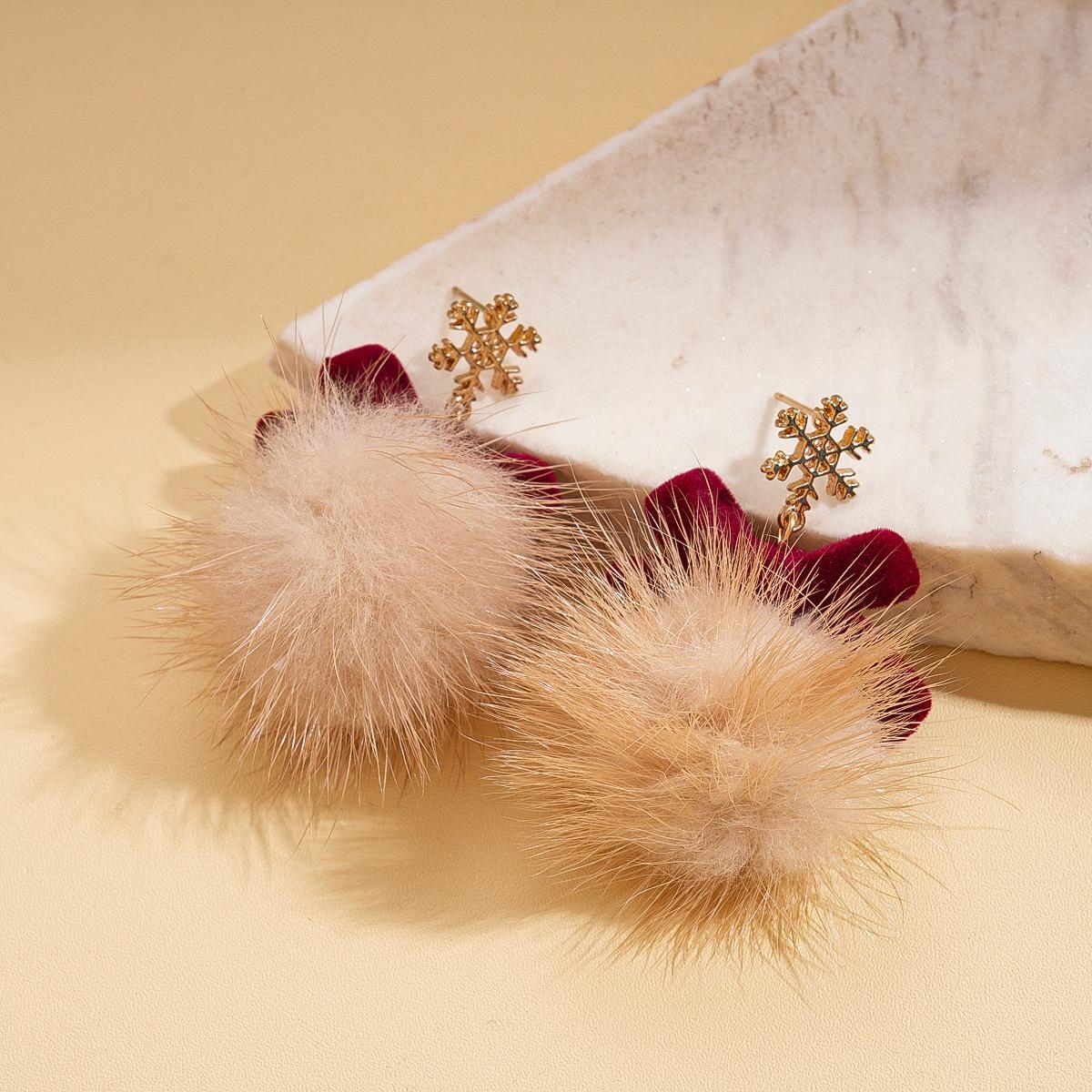 Wind hairball snowflake bow silver needle earrings autumn and winter atmosphere sweet fashion earrings
