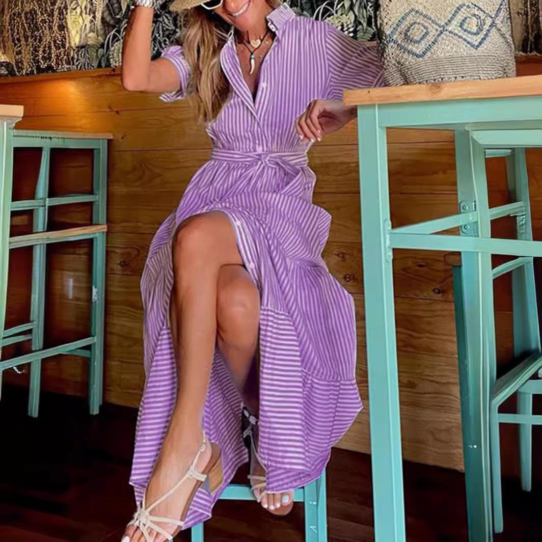 New fashionable printed striped short-sleeve loose mid-length dress S