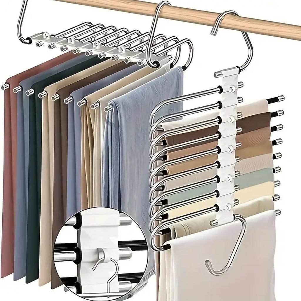 Upgrade 9 Layers Pants Hangers Space Saving, Jeans Hangers Non Slip Stainless Steel Multifunctional Rack S-Type Closet Organizer