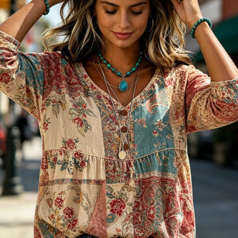 Women S V Neck Printed Loose 3 4 Sleeve Casual Top