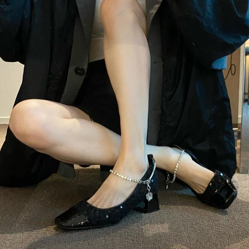Fashion 2025 Brand Ladies Shoes Shallow Women's High Heels Fashion Bling Square Toe Dress Pumps Women Best Seller The Chain Mary Janes