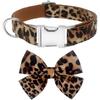 Dog Collar with Bow, Cotton & Webbing, Detachable Bowtie Dog Collar, Adjustable Dog Collars and Leash for Small Medium Large Dogs (S, Leopard Print)