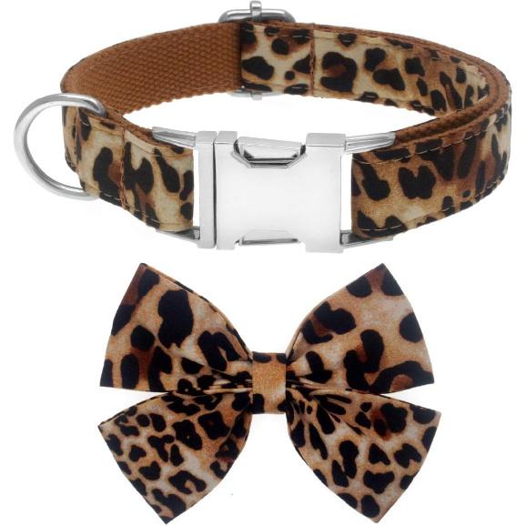 Dog Collar with Bow, Cotton & Webbing, Detachable Bowtie Dog Collar, Adjustable Dog Collars and Leash for Small Medium Large Dogs (S, Leopard Print)
