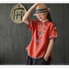 Ethnic Style Cotton and Linen Embroidered T-shirt for Women Summer Retro Loose Versatile Short-sleeved Top