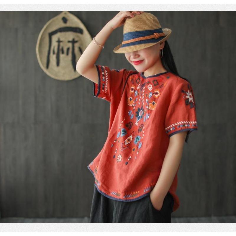 Ethnic Style Cotton and Linen Embroidered T-shirt for Women Summer Retro Loose Versatile Short-sleeved Top