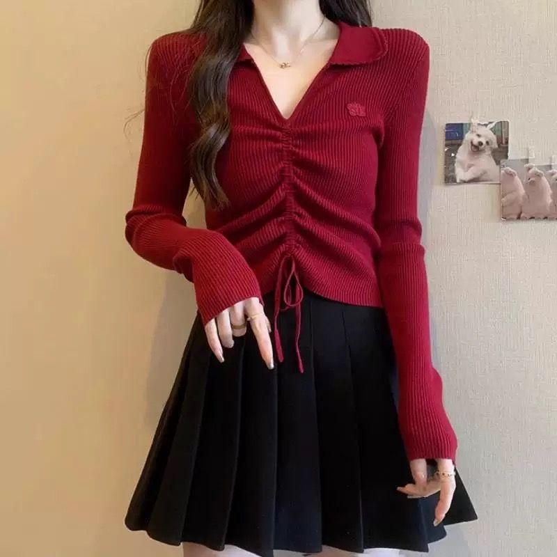 A New Large-sized Irregular Drawstring Top for Women's Autumn Wear with A Polo Collar and Shoulder