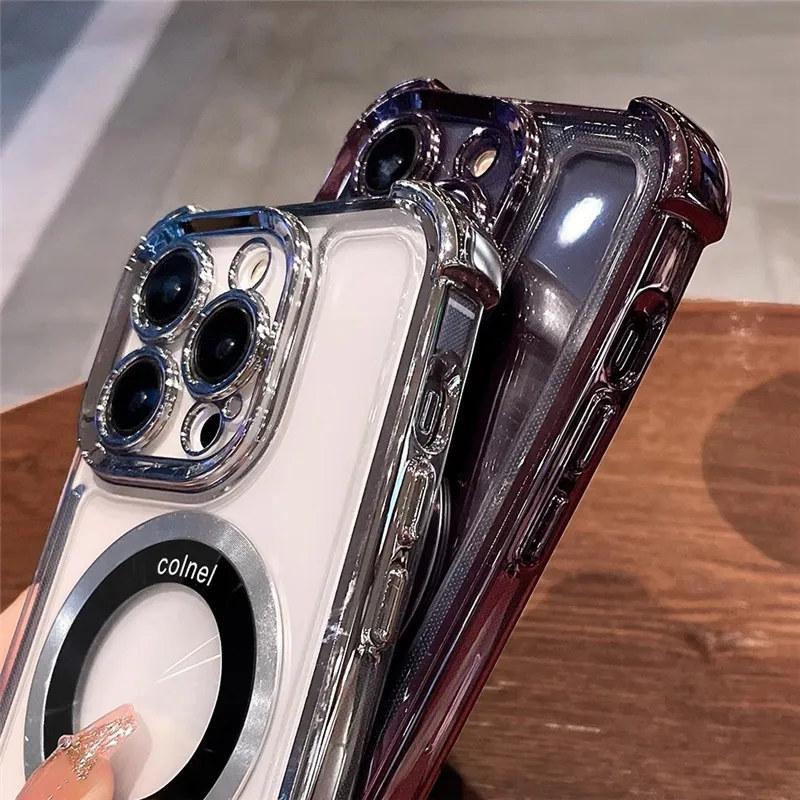 Luxury Plating Transparent For Magsafe Magnetic Case For iPhone 14 13 12 11 Pro Max 14Pro Shockproof Corners Clear Acrylic Cover