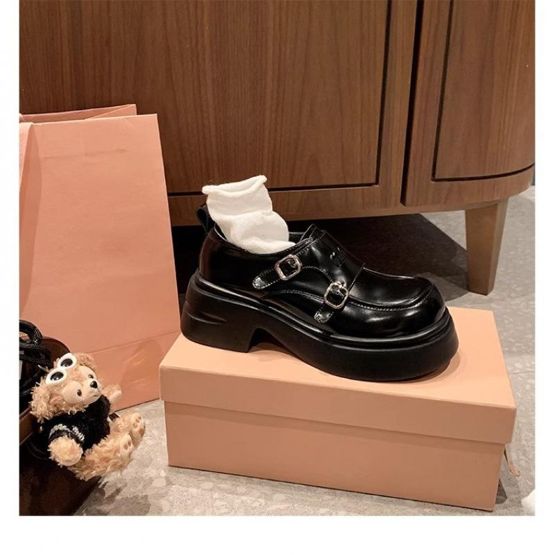 ! Dámské malé kožené boty Loafu s platformou, dvojitá přezka, kulatá špička, jediné boty