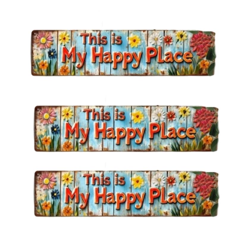 Happy Place Metal Wall Hanging Sign Garden Decors Florals Pattern Plaque For Family Gatherings And Festives Event