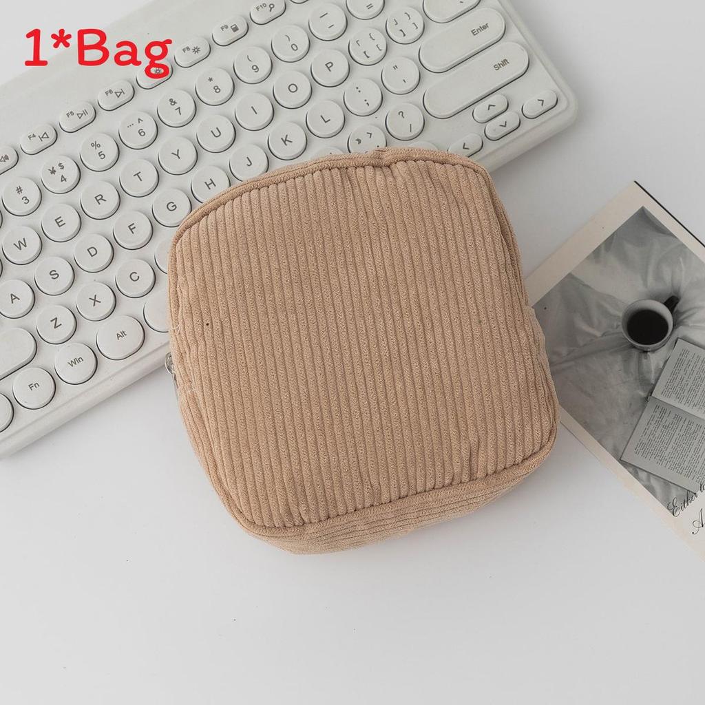 Light Corduroy Makeup Organizer With Stitching For Daily Use And Travel Storage