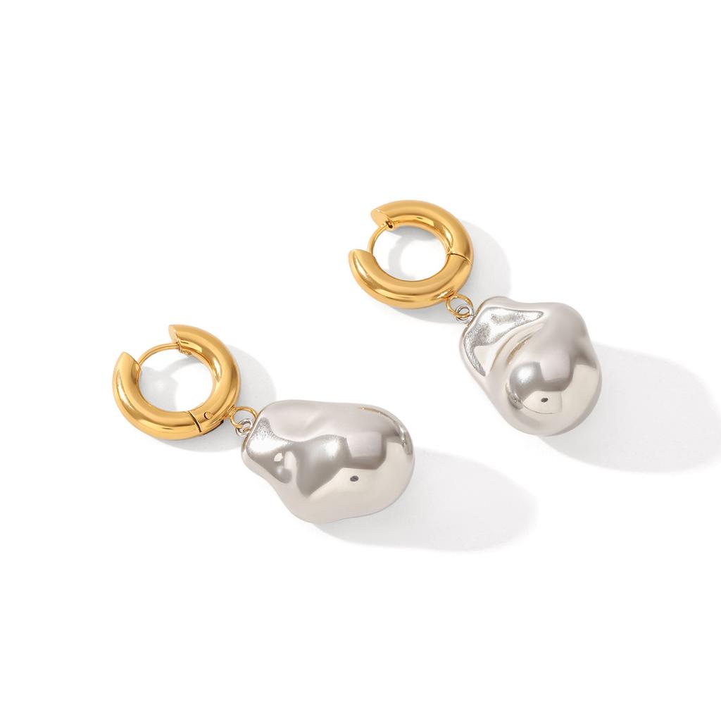 18K Gold Stainless Steel Plain Hoop Earrings, Ins Style Niche Design, Premium Steel Bead Baroque Pendant Earrings