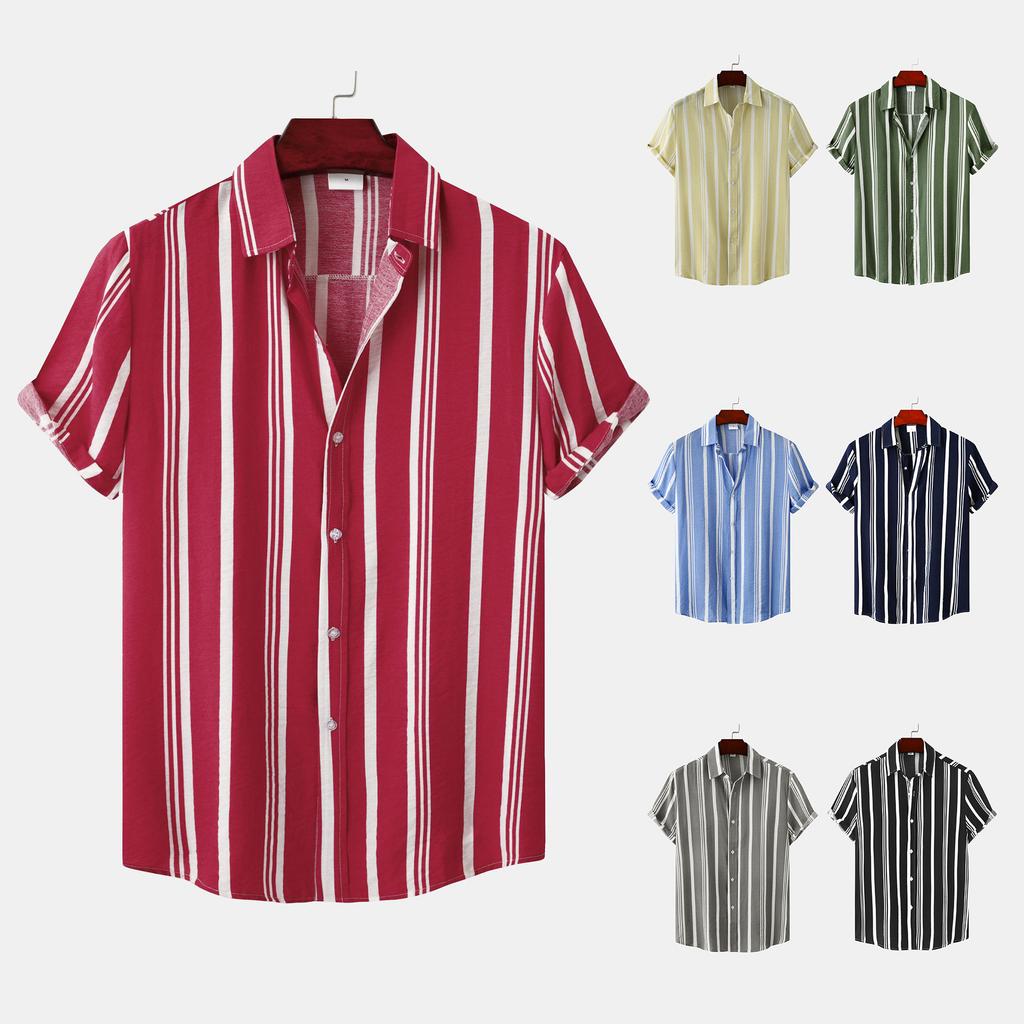 Spring and Summer New Men's Shirt Casual Striped Print Turndown Collar Short Sleeve Loose Buttons All-match Print Cardigan