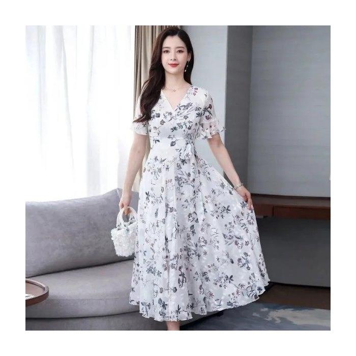 Large Size Ice Silk Floral Medium and Long Dress Women's Summer New Horn Sleeve Super Fairy Dress Slim Long Waist Skirt Tide