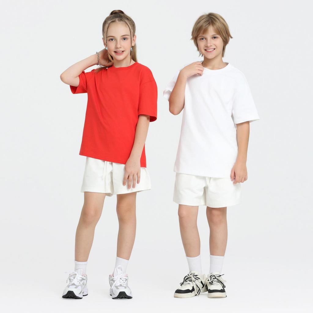 LVLV | Kids & Teens 240g Pure Cotton Loose Fit Retro Short Sleeve Parent-Child T-shirt, Class Uniform Trendy