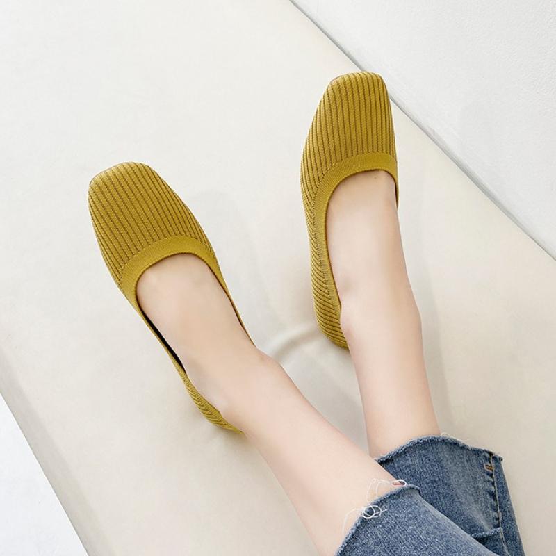 Fashion Women Leisure Flats Summer Autumn Flat Shoes Breathable Knitted Square Toe Slip-on Female Daily Walking Driving Loafers