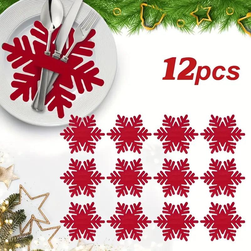 12pcs of Felt Snowflakes for Christmas, Christmas Cutlery Bags,Christmas Cutlery Holders,Perfect for Decorating Your Party Table