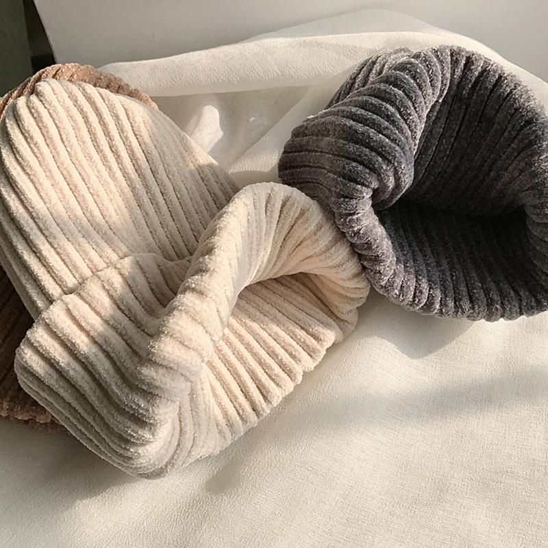 Klassische Damen Chenille Samt Wintermütze Retro Beanie Mütze Vintage Gerippt Gestrickt Fischer Hip Hop Einfarbig Sturmhaube