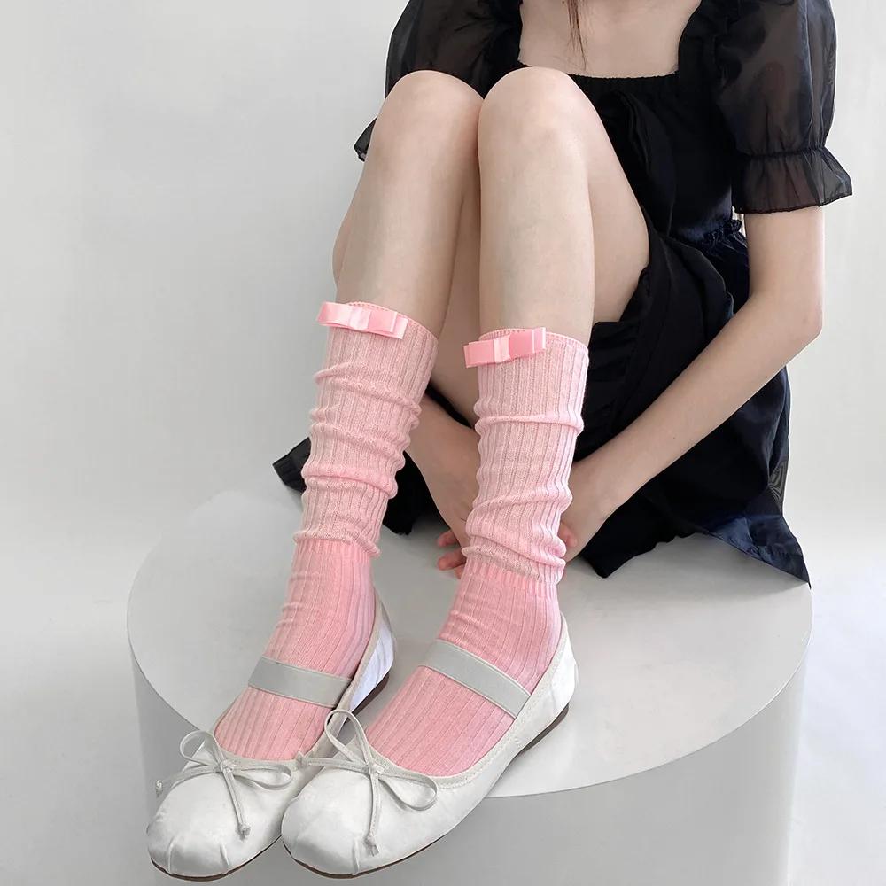 

Сплошные цветные длинные носки, женские хлопковые вязаные гольфы JK, милые девушки с милым бантом, носки в стиле Лолиты Kawaii, женские чулки, носки розовый