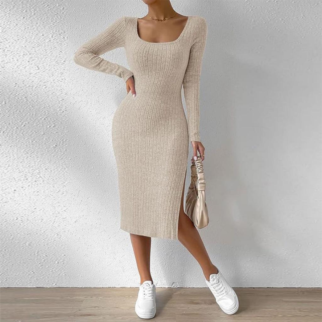 Women's Fall Winter New Arrival Square Neck Long Sleeve Bodycon Slit Knit Midi Dress, Casual Party Evening Dress for Women