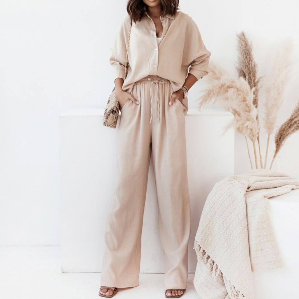 Spring New Arrival Women's Fashion Loose Shirt & Long Pants Casual 2-Piece Set, European & American Style Outfits for Women Crossborder