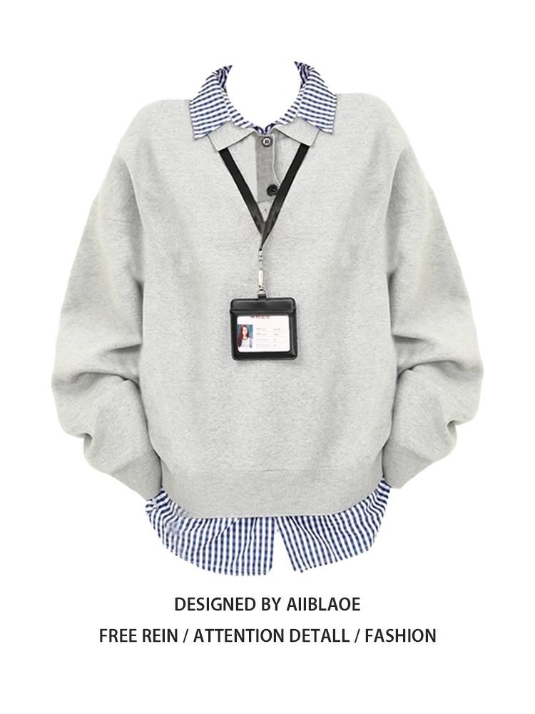 

Свитшот в корейском стиле, пэчворк в клетку, имитация двух частей: Отложной воротник, свободный крой для женщин - Идеально для весны, осени и зимы. M