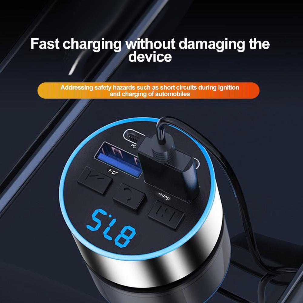 Bluetooth Car Kit Multifunctional Dual USB PD Car Charger Fast Charging MP3 Player with Voltage Display Atmosphere Lamp Adapters