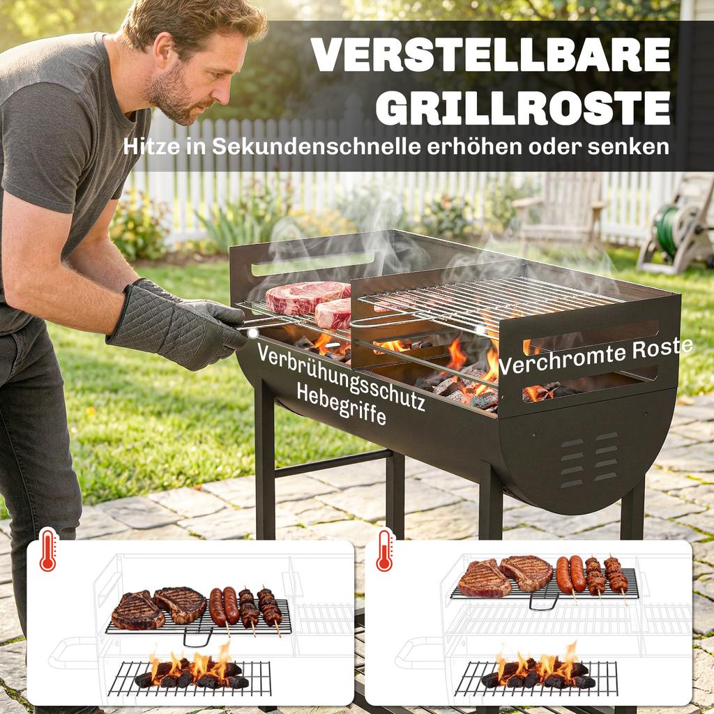 Charcoal Barbecue Grill with 2 Cooking Areas, Portable BBQ Trolley with Wheels, Height Adjustable Grates, Bottom Shelf