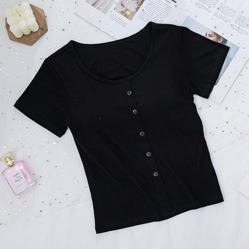 Ribbed Cropped Bodycon T-Shirt with Built-in Bra Pads and Fixed Short Sleeves