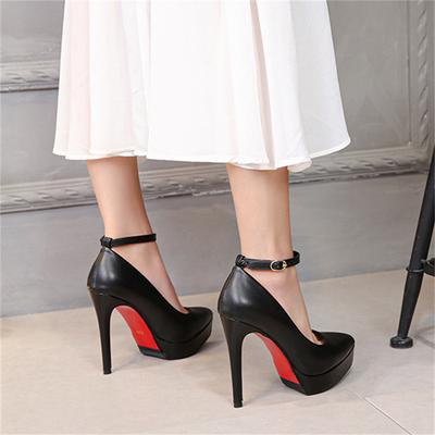 Women Stripper 12cm High Heels 3cm Platform Stiletto Pumps Red  Bottom Nighclub Heels Lady Fetish Black Leather Strap Shoes