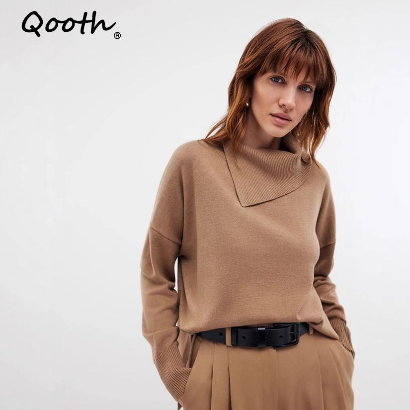 Qooth Sweater Women Winter Knitted Turtleneck Sweater Oversize Casual Soft Split Hem High Neck Long Sleeve Pullover Jumper QT2751