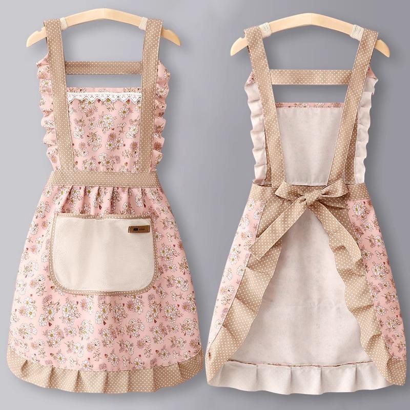 Women's Oilproof Princess Apron with Back Buckle and Large Pocket - Wipeable Kitchen Bib