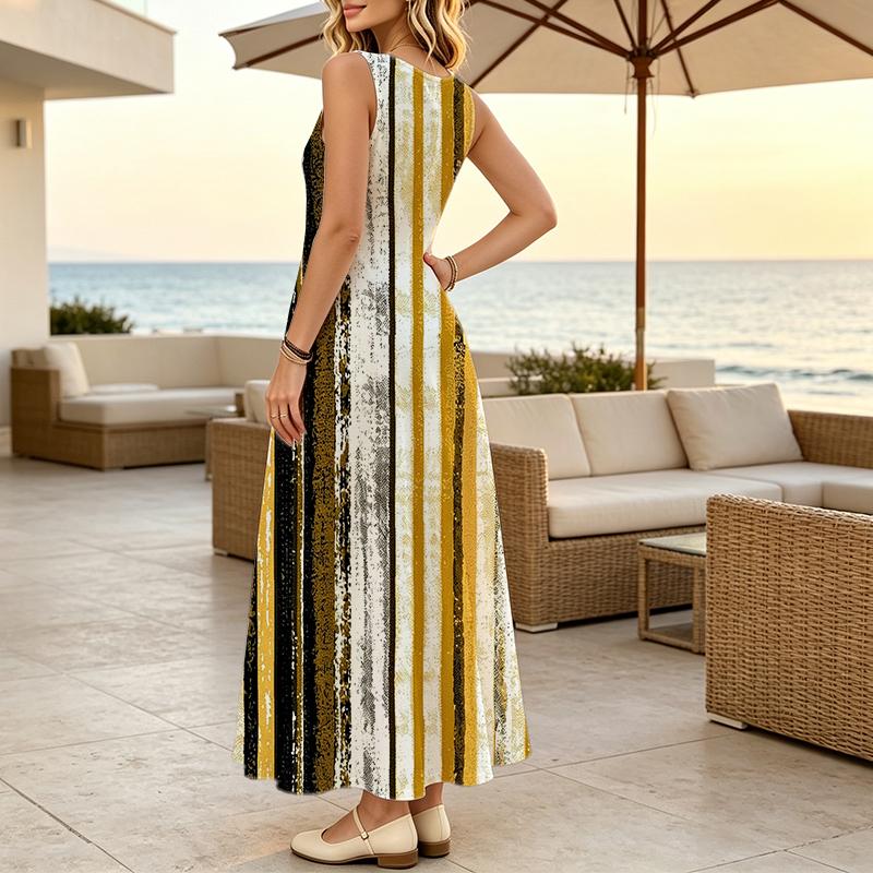 U-Neck Striped Sleeveless Beach Vacation Dress for Women Loose Fit,Comfortable Casual Stylish Floor-Length