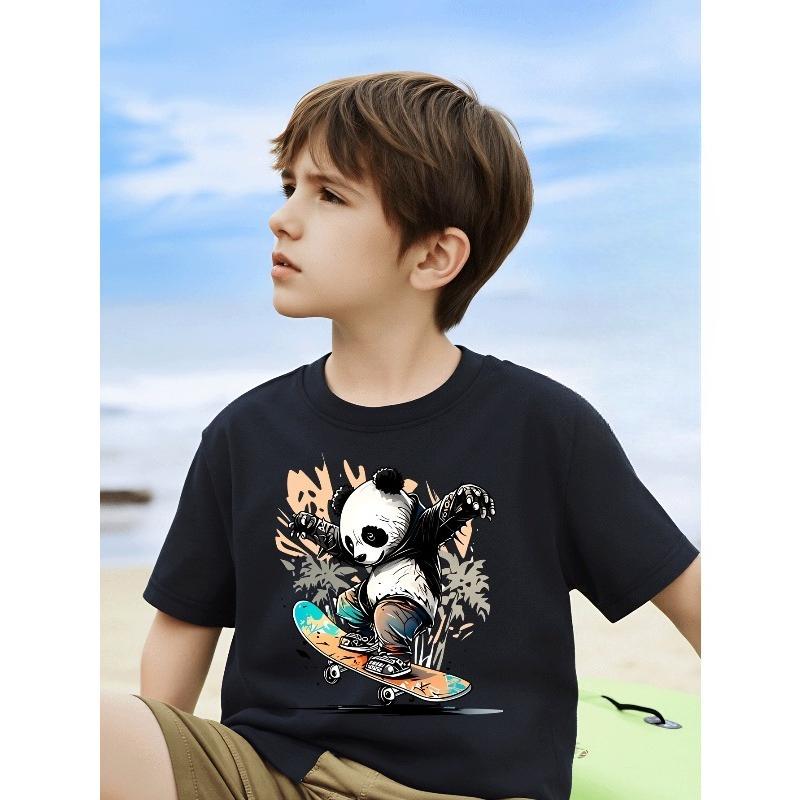 European Sizes Boys' T-Shirt Panda Skateboarding Action Graffiti, Ideal for Outdoor Activities, Soft Knitted Top, Comfortable And Breathable
