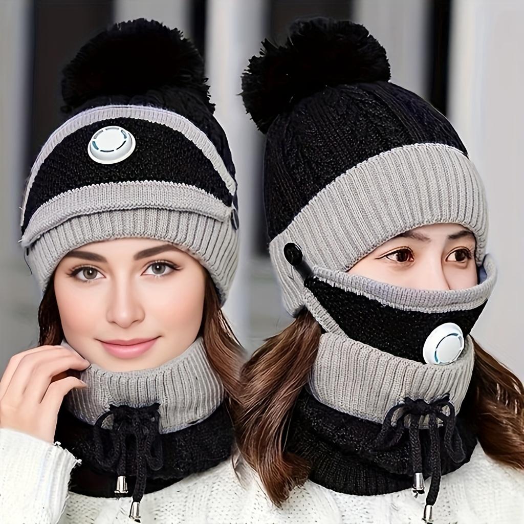 2025 3-teiliges Masken-, Hut- und Schal-Set für Damen, Herbst und Winter, Mütze, verdicktes Fleece, warm, Ohrenschutzkappe, Set mit extra Flausch