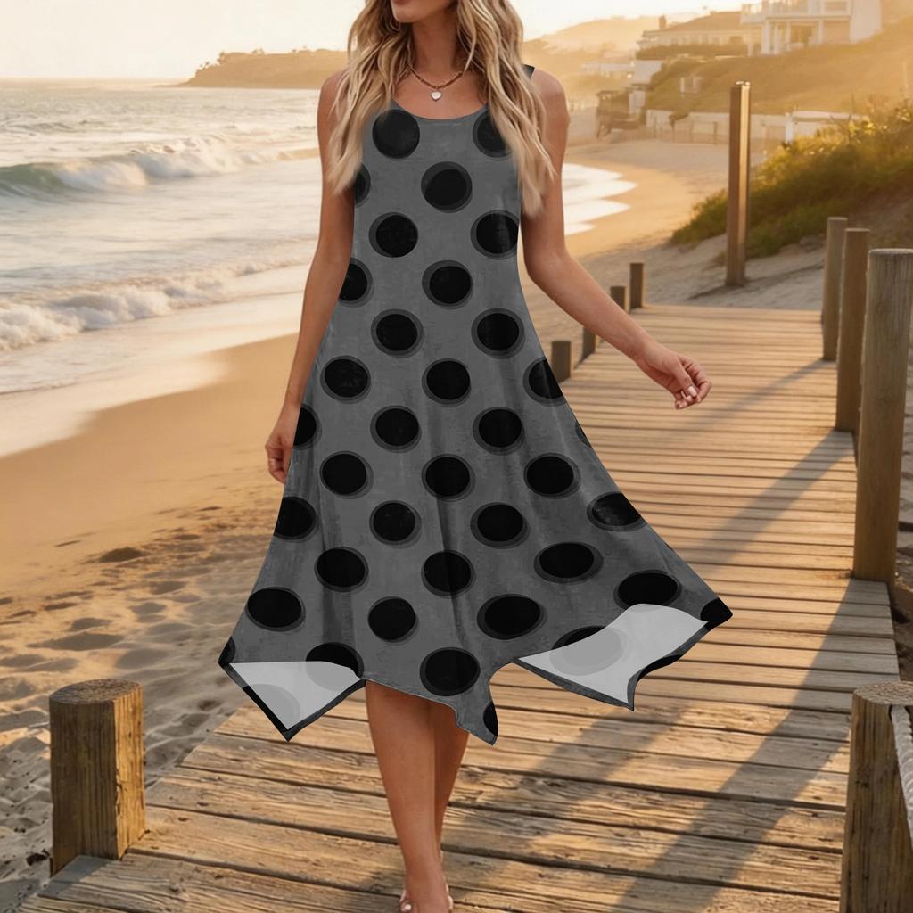 Women Sleeveless Casual Dress Round Neck Polka Dot Print Asymmetric Hem Mid-Length Summer Dress Lightweight Comfortable Fabric