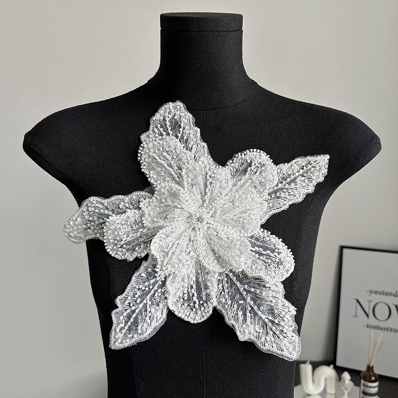 1Pc Diy Sequin Beaded Decorative Lace Patches Multi Layered Clothing Accessories White High Quality Handmade