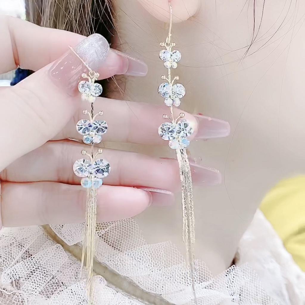 Korea Dongdaemun Butterfly Diamond Earrings Super Flash Long Tassel Xianqi Mori Internet Celebrity Explosion Earrings