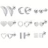 9 Pairs Leaf Moon Ball Heart Square Round Shape Design Silvery Stud Earrings Elegant Minimalist Style Stainless Steel Jewelry