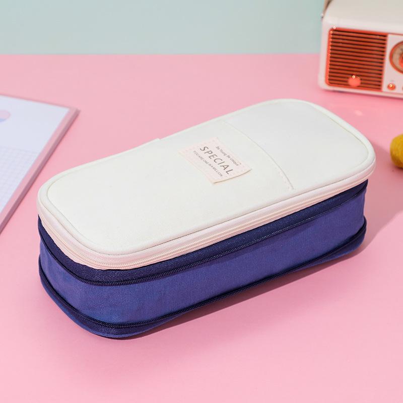 Colorblock Canvas Telescopic Pencil Case, Multifunctional Double Zipper, Convertible, Large Capacity Pencil Bag for Students