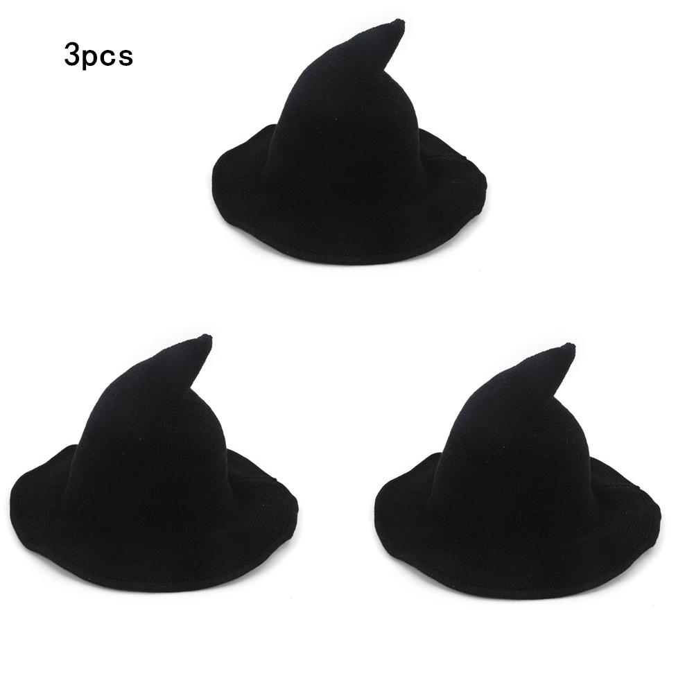 3 Pcs Cotton Halloween Witches Hats For Women Foldable Pointed Big Brim Wizard Topper Hat Party Costume Accessories