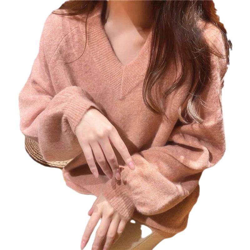 Ethereal Pink V-Neck Cashmere Sweater for Women - Thick, Loose, Lazy Style, Perfect for Winter, Sweet & Gentle Japanese Aesthetic