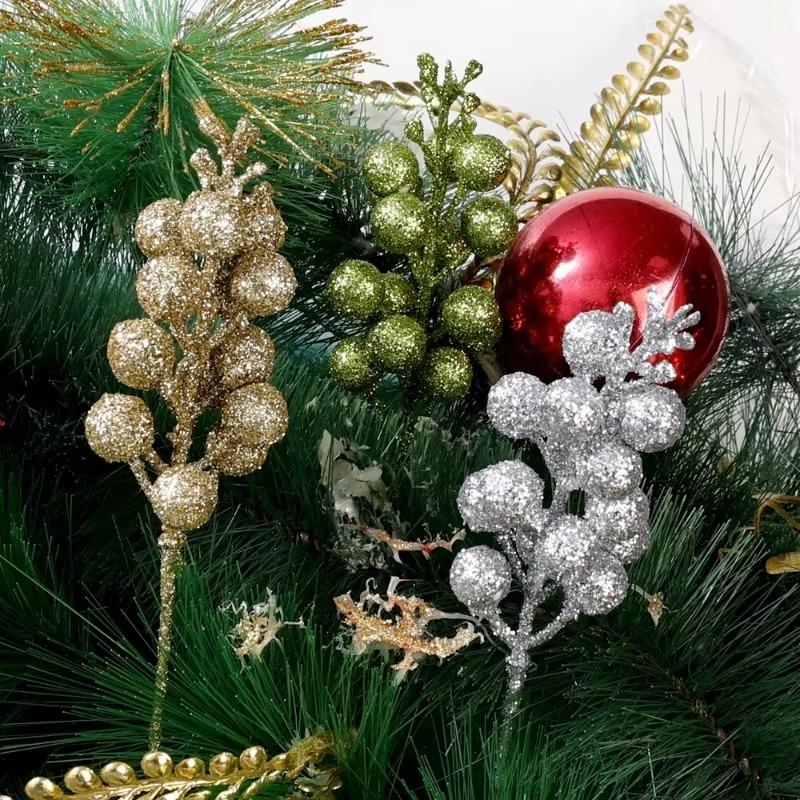 New Glitter Berries Branches Christmas Artificial Gold Powder Holly Berry Branch Xmas Party Fake Flowers Ornaments Home Decor